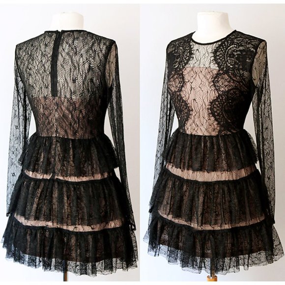 Black Lace Overlay Tiered Ruffle Romantic Dress - Picture 6 of 8